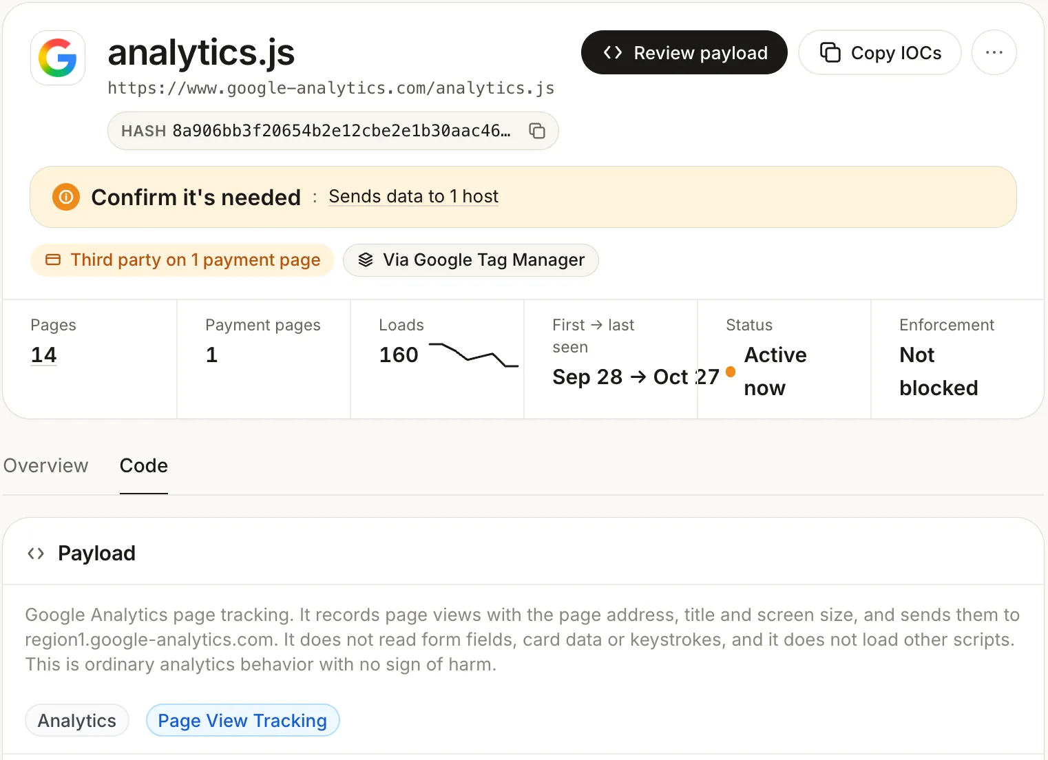 Script page for Google Analytics analytics.js with no alert: the AI summary says it records page views and does not read form fields, card data or keystrokes, with the categories Analytics and Page View Tracking